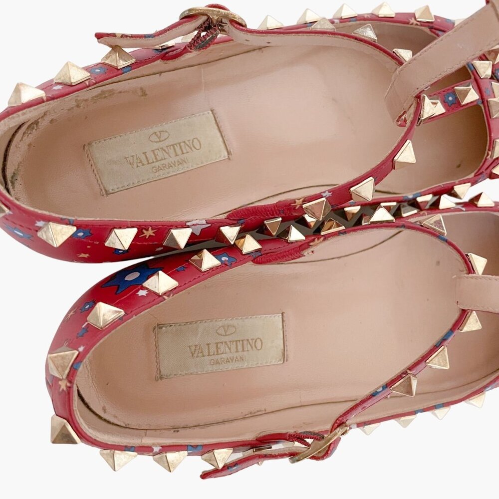 Valentino Garavani Rockstud Caged Flats EU 37.5 US 7.5 Red Stars Studded Ballet - Picture 7 of 16
